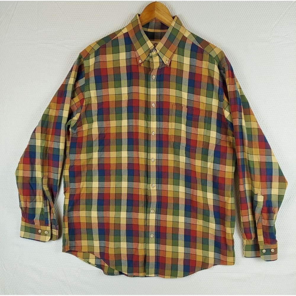 VIYELLA Mens Large Plaid 80/20 Cotton Wool Blend Button Up Shirt Orange Red‎ USA